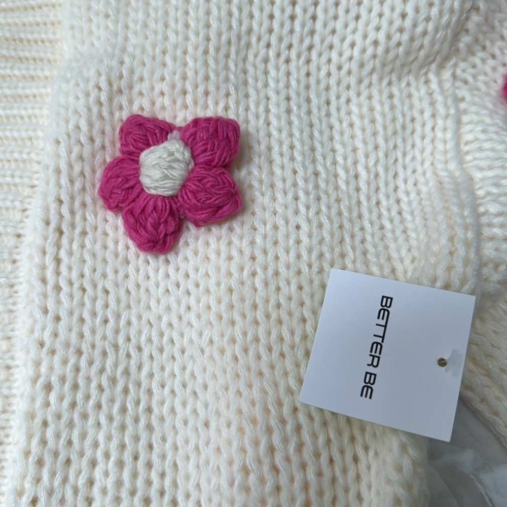 New Chunky Natural Color With Fuchsia Flower Embroidered Cardigan Sweater Size M - Picture 3 of 4